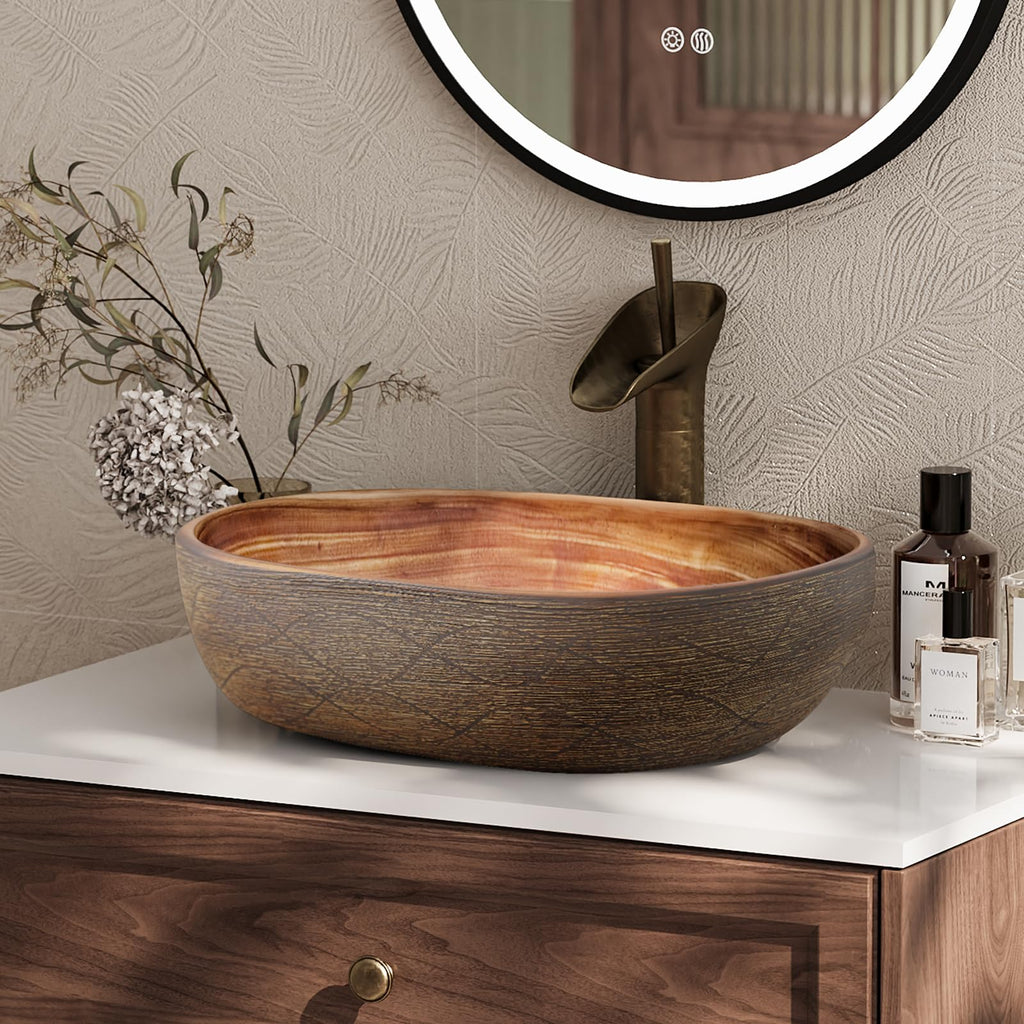 Homary Bathroom Vessel Sink, 23.23" Oval Bowl Sink Retro Ceramic Washbasin Above Counter for Bathroom,Without Pop-up Drain, Retro Brown
