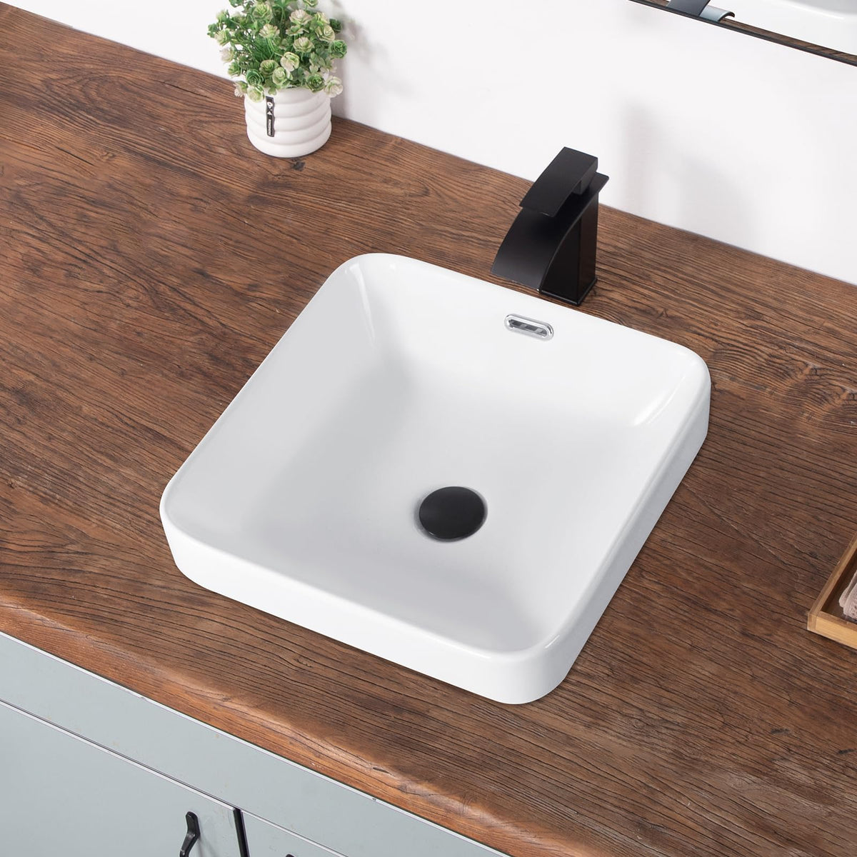 Bathroom Vessel Sink 16.7" X 12.6" Semi Recessed Bathroom Sink Rectangular Drop In Bathroom Sinks with Overflow White Ceramic Vessel Sinks for Bathroom Modern Above Counter Basin Vanity Sink