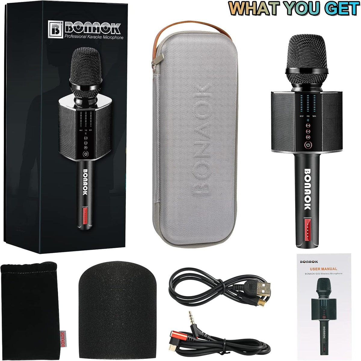BONAOK Karaoke Microphone, Portable Wireless Bluetooth Karaoke Mic for Adults&Kids Car Home Outdoor Party, Karaoke Machine for PC/All Smartphone G50 Black 2025