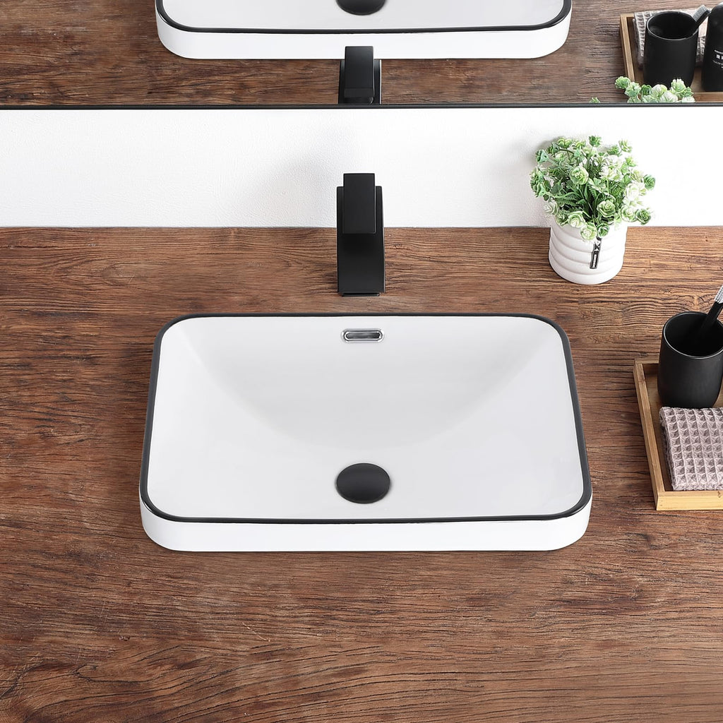 Bathroom Vessel Sink 16.7" X 12.6" Semi Recessed Bathroom Sink Rectangular Drop In Bathroom Sinks with Overflow White Ceramic Vessel Sinks for Bathroom Modern Above Counter Basin Vanity Sink