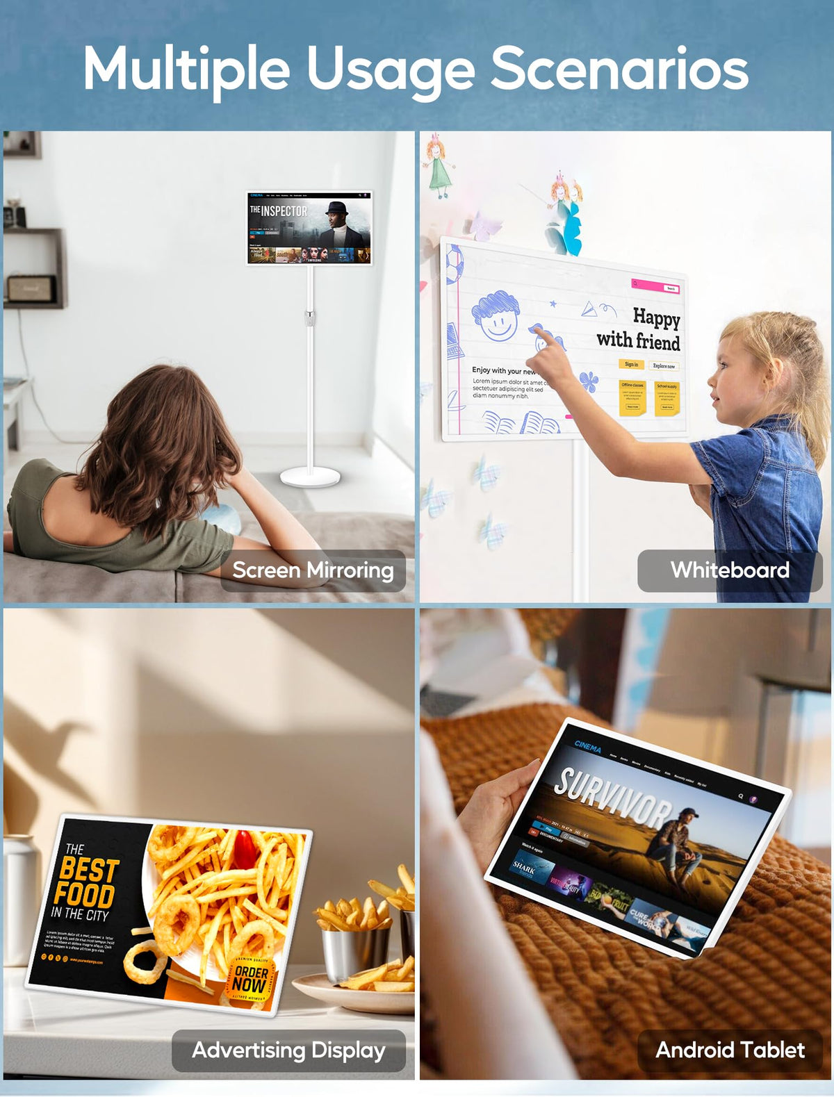 15.6" Digital Signage Capacitive Touchscreen Advertising Display with Adjustable Stand, 10000mAh Battery, Android 13 Commercial LCD Monitor with Auto Play, Wireless Screen Mirroring, 4+64GB