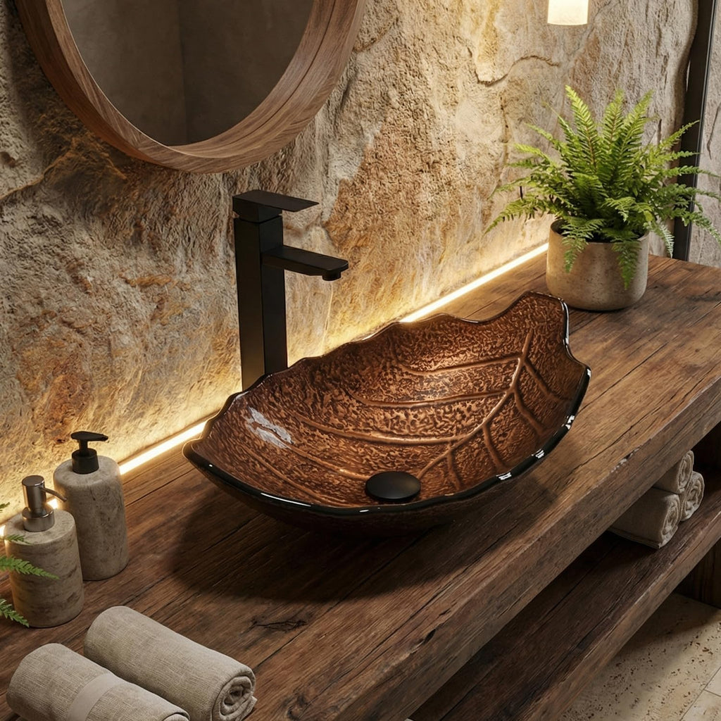 Bathroom Leaf Shape Artistic Glass Vessel Sink, Brown
