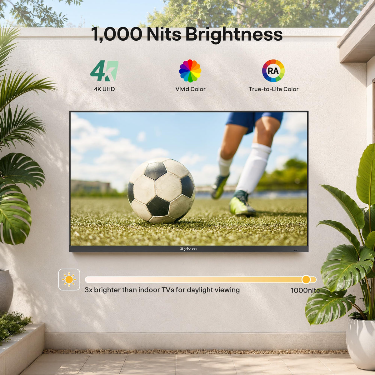 SYLVOX 65'' Outdoor TV, Premium Ultra-Narrow Bezel, IP56 Weatherproof, 1,000-Nit 4K UHD Anti-Glare Screen, Smart Google TV, All-Metal Durable Outdoor TV for Deck, Patio, Partial Sun (Frameless, 2026)