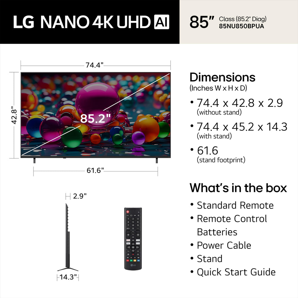 LG 65-Inch Class Nano AI 4K NU85 Series Smart TV w/AI Sound Pro, HDR10, AI 4K Super Upscaling, Filmmaker Mode, Wow Orchestra, Compatible with Alexa (65NU850BPUA, 2026)