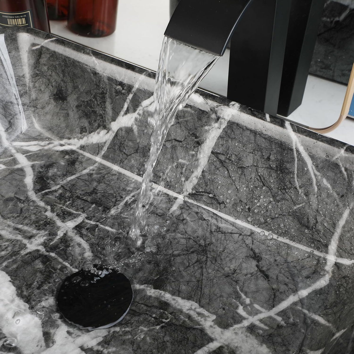 19"x15" Black Marbling Vessel Sink Set Rectangular