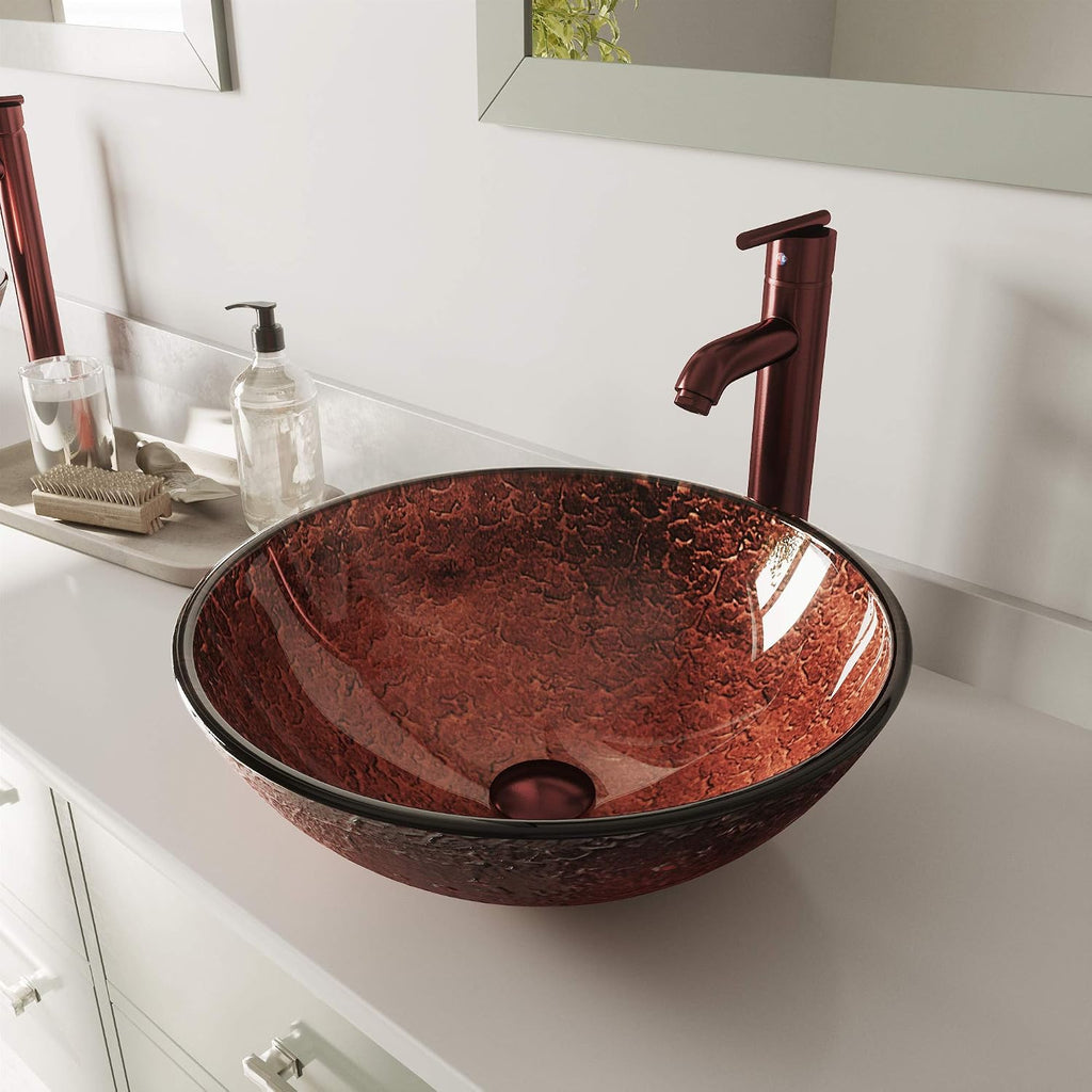 Vigo Vessel Sink Copper - 17â Artistic Round Bowl Sink for Bathrooms, Tempered Glass Above Counter Bathroom Sink with NonStickShield, QuickDrain & TempGuard, Modern Luxury Design