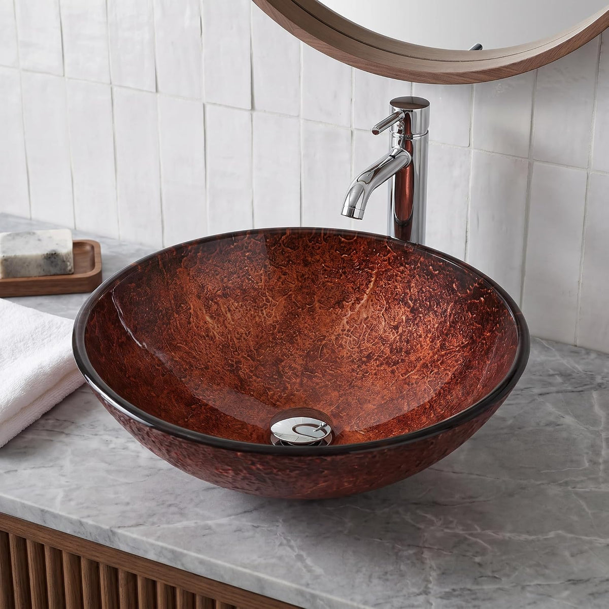 Vigo Vessel Sink Copper - 17â Artistic Round Bowl Sink for Bathrooms, Tempered Glass Above Counter Bathroom Sink with NonStickShield, QuickDrain & TempGuard, Modern Luxury Design