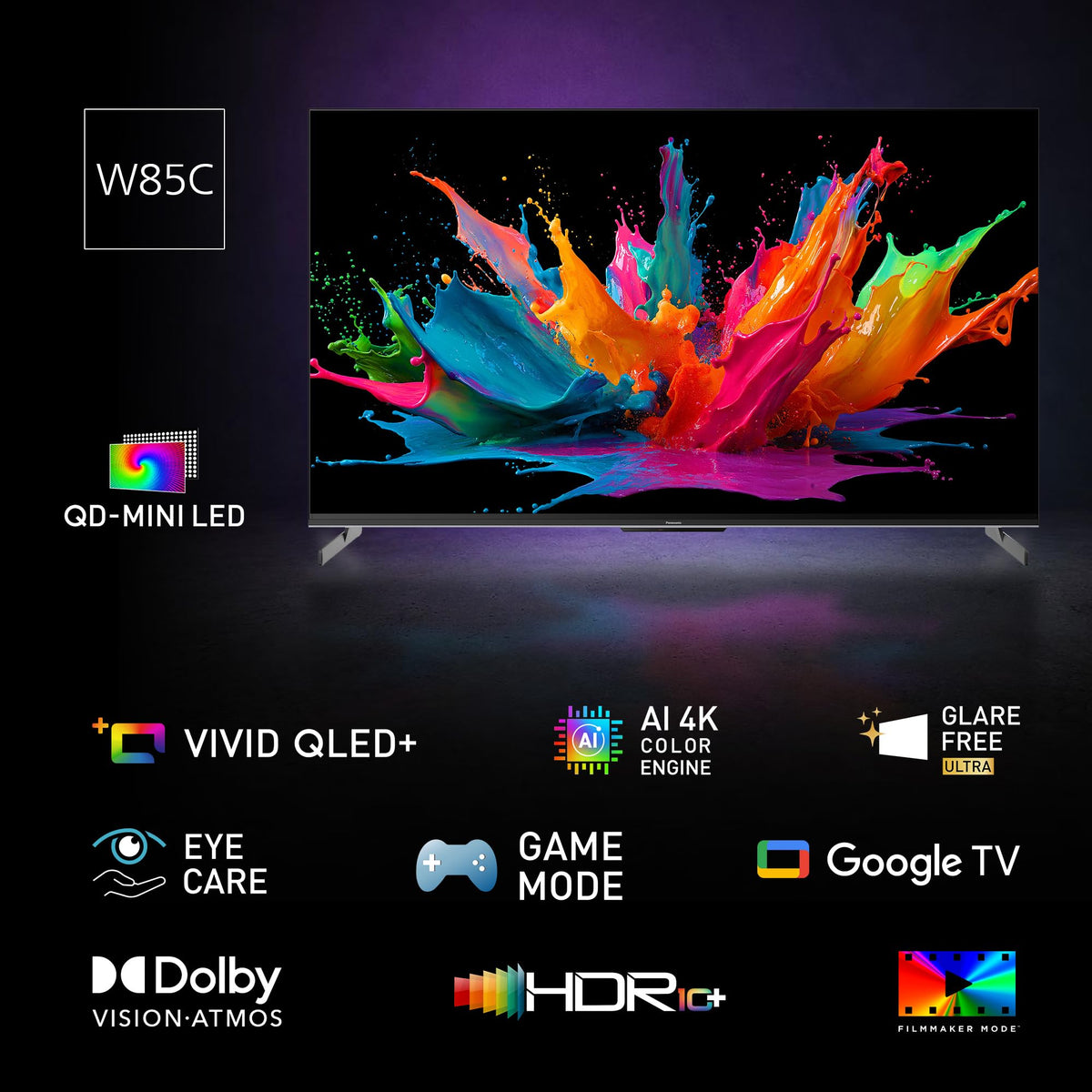 Panasonic W85 Series (2026 Model) 65-inch QD-Mini LED 4K UHD Glare Free Ultra Google TV, Local Dimming Supreme, HDR10+, Dolby Vision, Dolby Atmos, Game Mode - TN-65W85CPS