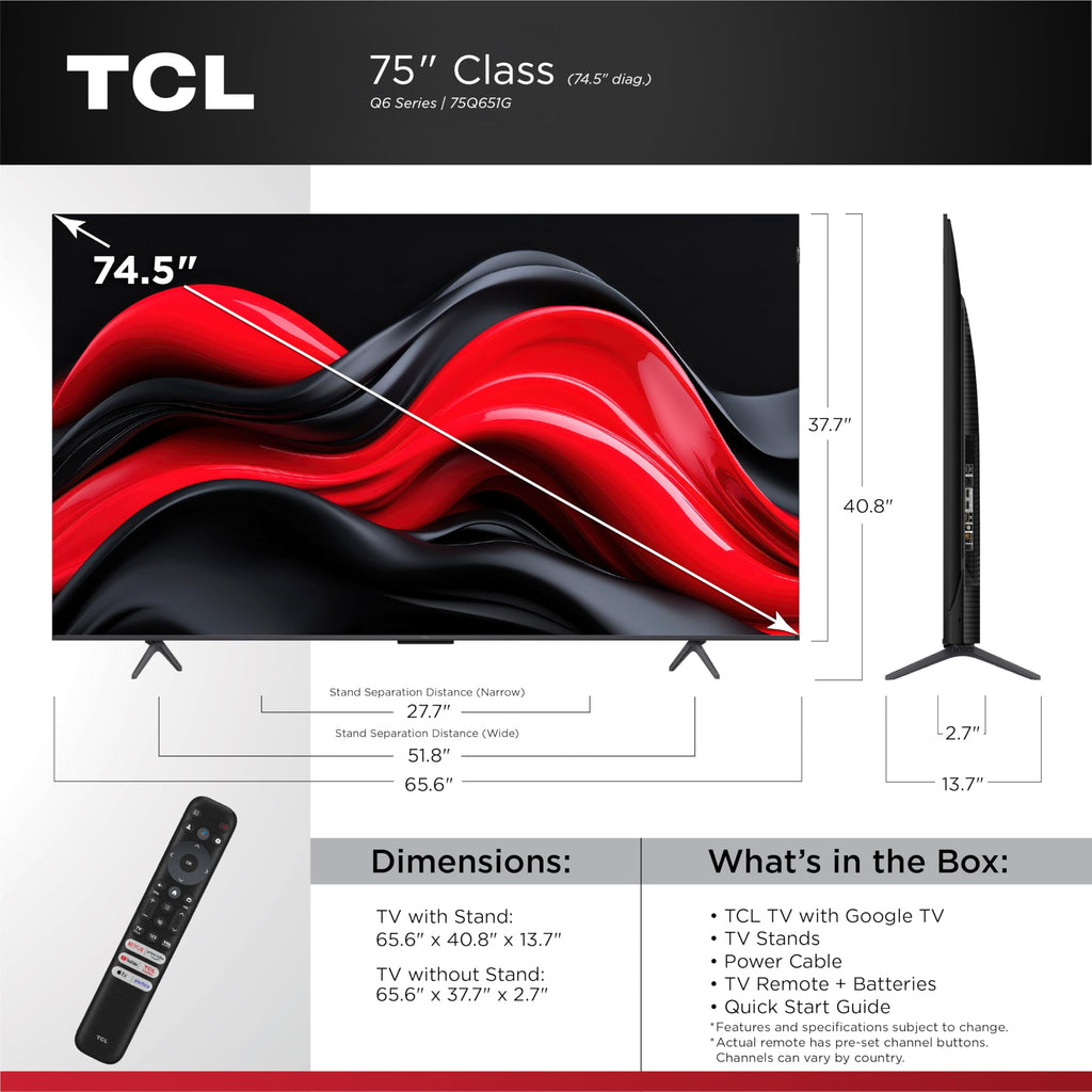 TCL 98-Inch Q65 QLED 4K UHD Smart TV with Google TV (98Q651G, 2024 Model) Dolby Vision, Dolby Atmos, HDR Pro+, Game Accelerator Enhanced Gaming, Voice Remote, Works with Alexa, Streaming Television