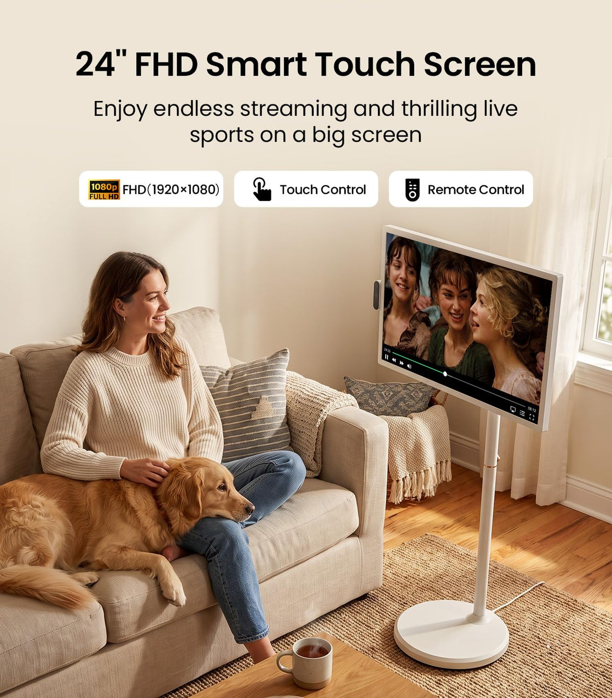ApoloSign 32 Inch 4K UHD Smart Portable TV on Wheels, Android 16 EDLA Certified, 256GB Storage, Built-in 15000mAh Battery, Voice Remote, Touch Screen TV with Rolling Stand for Home, Office - Gen2