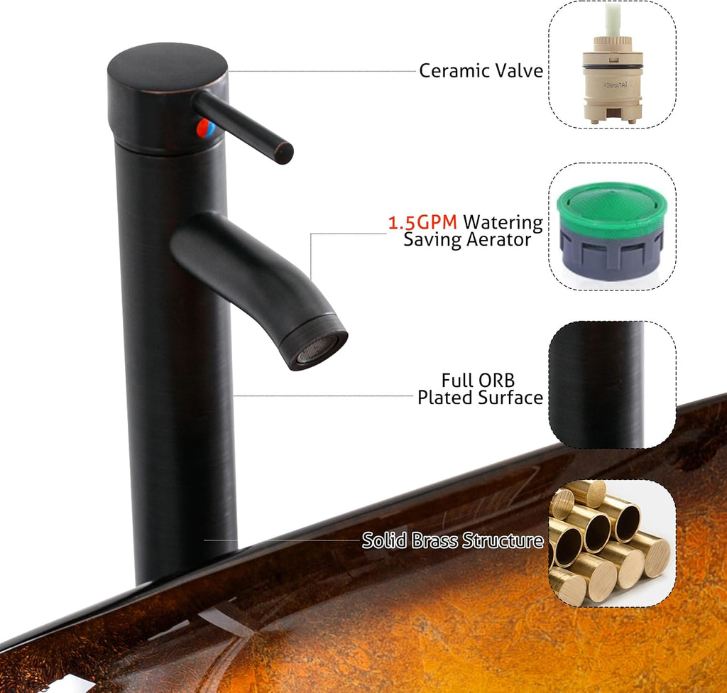 eclife 21.5" Bathroom Vessel Sink Modern Artistic Single Brown Boat Tempered Glass Basin Countertop Bowl Sink for Lavatory Vanity Cabinet, W/Water Save Faucet Pop Up Drain (A29BR)