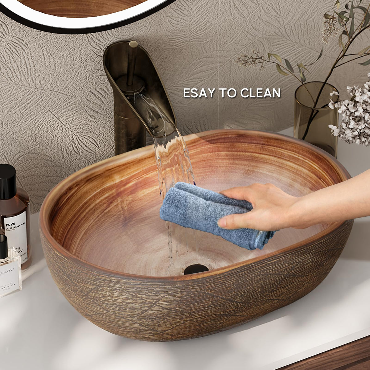 Homary Bathroom Vessel Sink, 23.23" Oval Bowl Sink Retro Ceramic Washbasin Above Counter for Bathroom,Without Pop-up Drain, Retro Brown