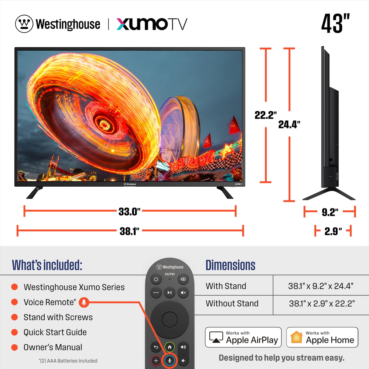 Westinghouse 40-inch Smart TV, FHD 1080P Xumo TV w/Voice Remote, Flat Screen Television w/Dolby Atmos, Bluetooth, Apple AirPlay, Wi-Fi & Mobile Connectivity