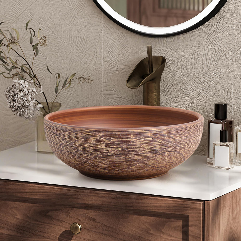 Homary Bathroom Vessel Sink, 23.23" Oval Bowl Sink Retro Ceramic Washbasin Above Counter for Bathroom,Without Pop-up Drain, Retro Brown