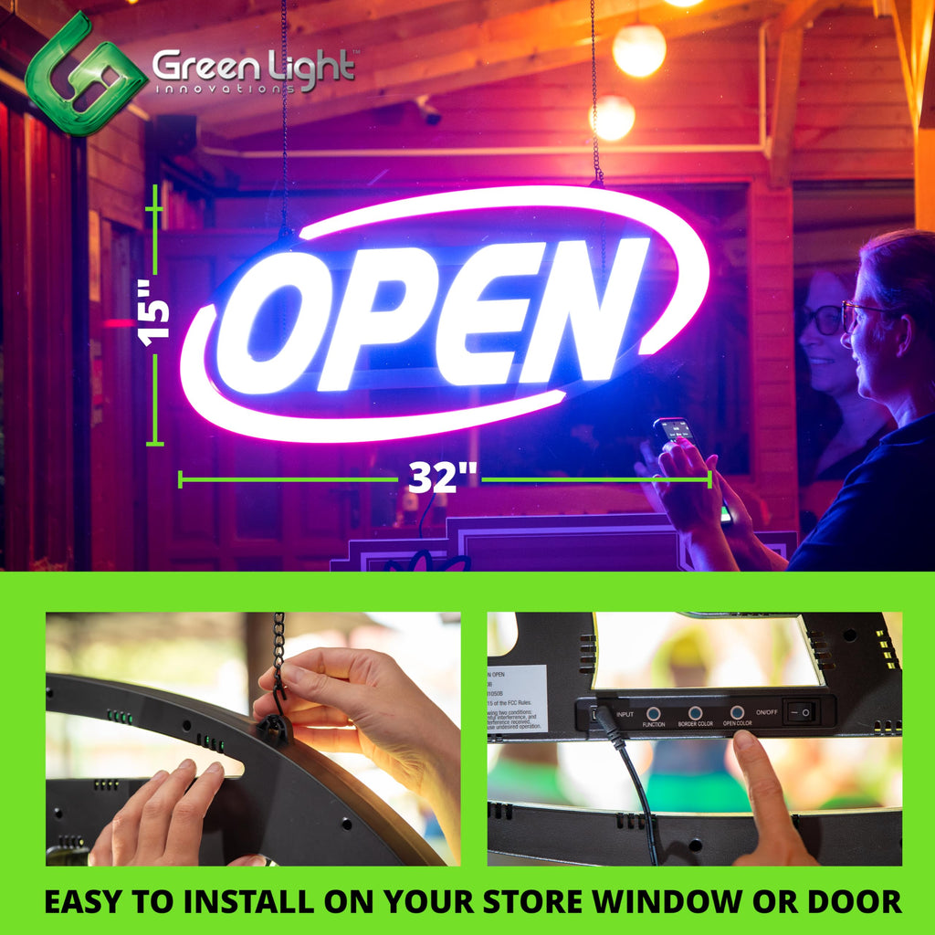 LED Open Sign for Business with Programmable Business Hours â Green Light Innovations Bluetooth App, 4,000+ Color Combos, Flash/Scroll/Neon Modes, 100,000-Hr LEDs, 3-Year Warranty, 15Ã16.5 in