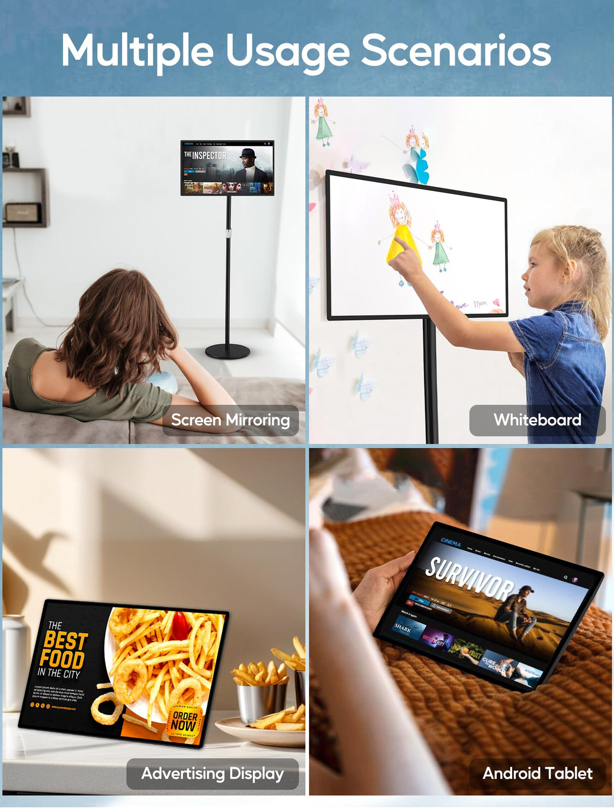 15.6" Digital Signage Capacitive Touchscreen Advertising Display with Adjustable Stand, 10000mAh Battery, Android 13 Commercial LCD Monitor with Auto Play, Wireless Screen Mirroring, 4+64GB