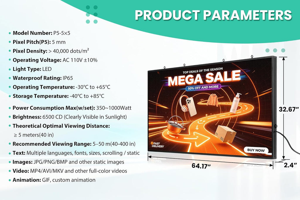 HCTCPALS P5 Outdoor LED Sign 65''x34'' Full-Color Programmable Digital Message Board High-Brightness IP65 Waterproof LED Display with WiFi & USB Control,Scrolling Message Board for Business Advertising-Text/Image/Video