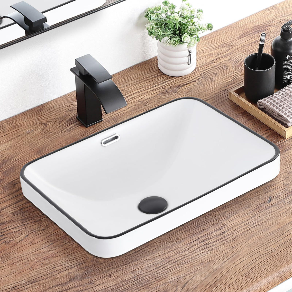 Bathroom Vessel Sink 16.7" X 12.6" Semi Recessed Bathroom Sink Rectangular Drop In Bathroom Sinks with Overflow White Ceramic Vessel Sinks for Bathroom Modern Above Counter Basin Vanity Sink