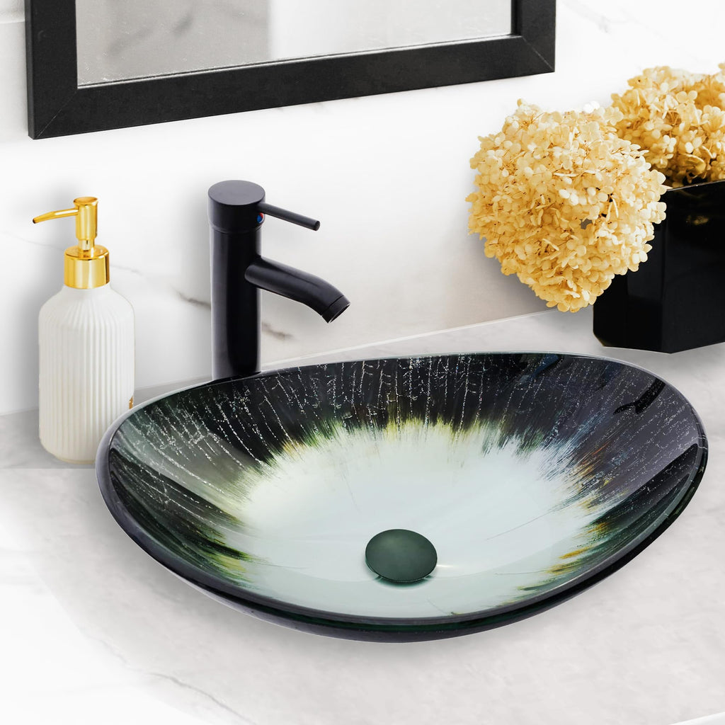 Vessel Sink Bathroom Sinks Tempered Glass Art Basin 20.8"x13.7" Oval Bowl Above Counter with Faucet and Pop-Up Drain Combo, Oval Clear Grey,Modern Countertop Bowl Sink