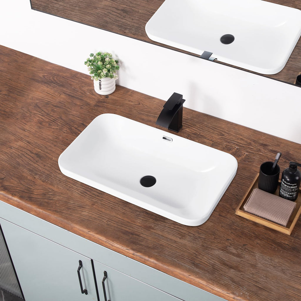 Bathroom Vessel Sink 16.7" X 12.6" Semi Recessed Bathroom Sink Rectangular Drop In Bathroom Sinks with Overflow White Ceramic Vessel Sinks for Bathroom Modern Above Counter Basin Vanity Sink