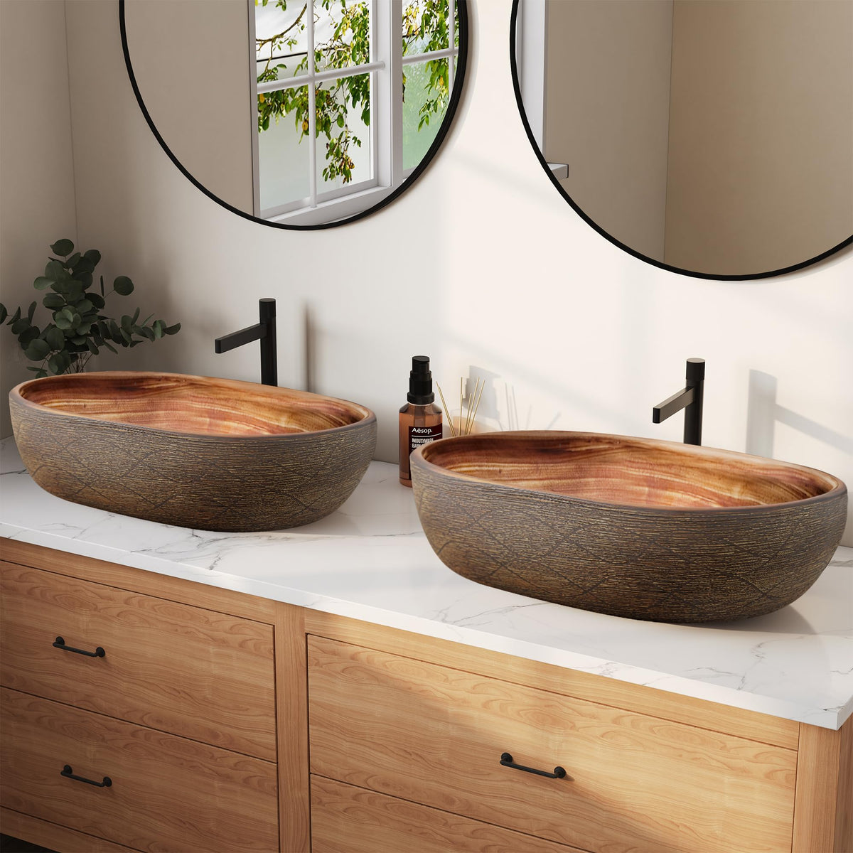 Homary Bathroom Vessel Sink, 23.23" Oval Bowl Sink Retro Ceramic Washbasin Above Counter for Bathroom,Without Pop-up Drain, Retro Brown
