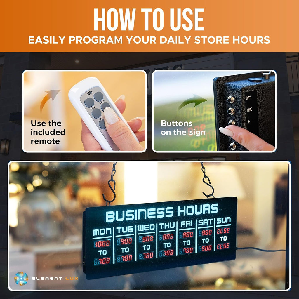 Digital Business Hours Sign by ELEMENT LUX - Electronic Programmable Hours of Operation Signs for Business with Ultra Bright LEDs for Glass Door - Remote and Hanging Kit - 16in x 5.5in, Blue