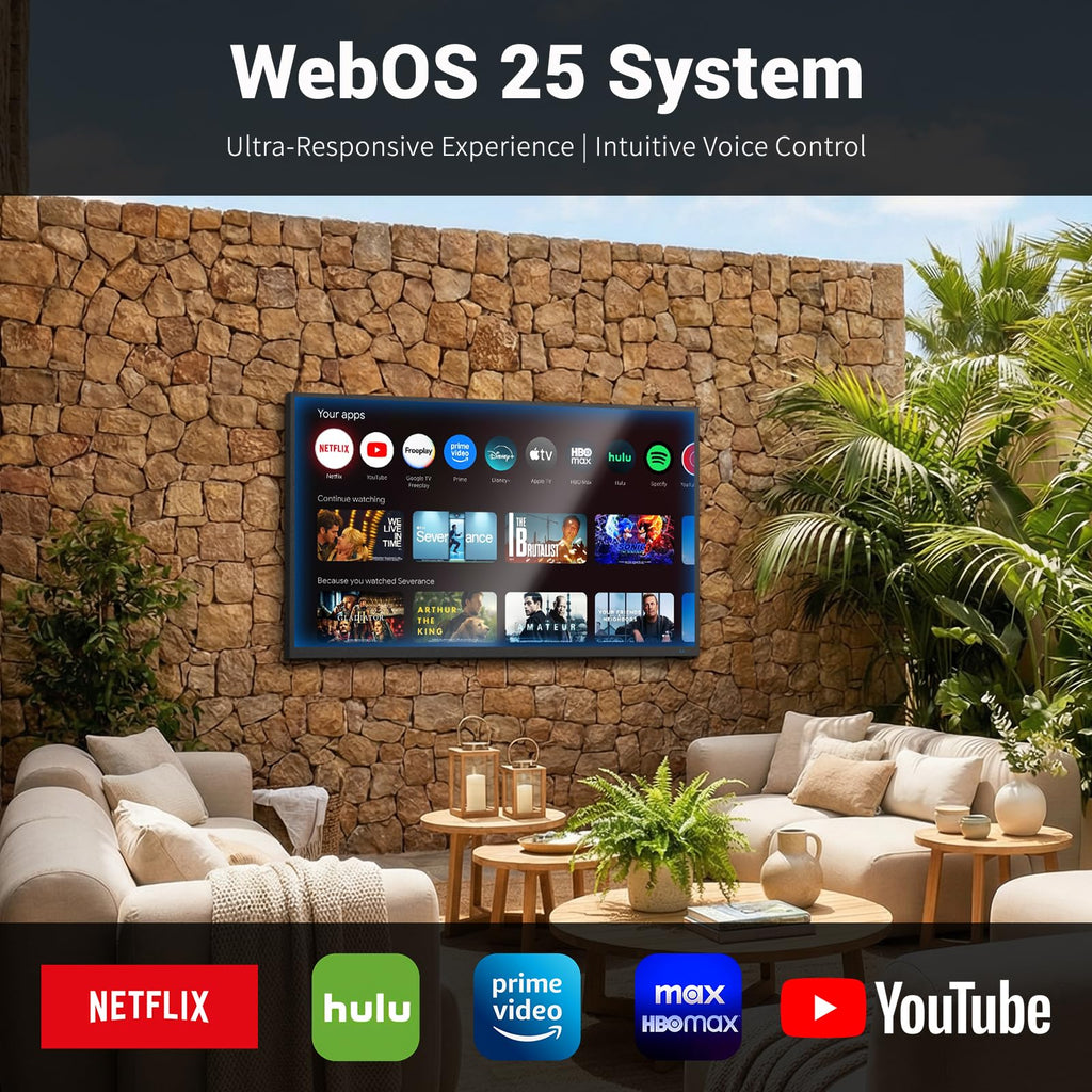 55 Inch Outdoor TV, 2000 Nits Ultra Bright 4K UHD Weatherproof Television, IP55 Waterproof Smart Outside TV with WebOS for Sunlight, Backyard, Poolside, Deck & Patio