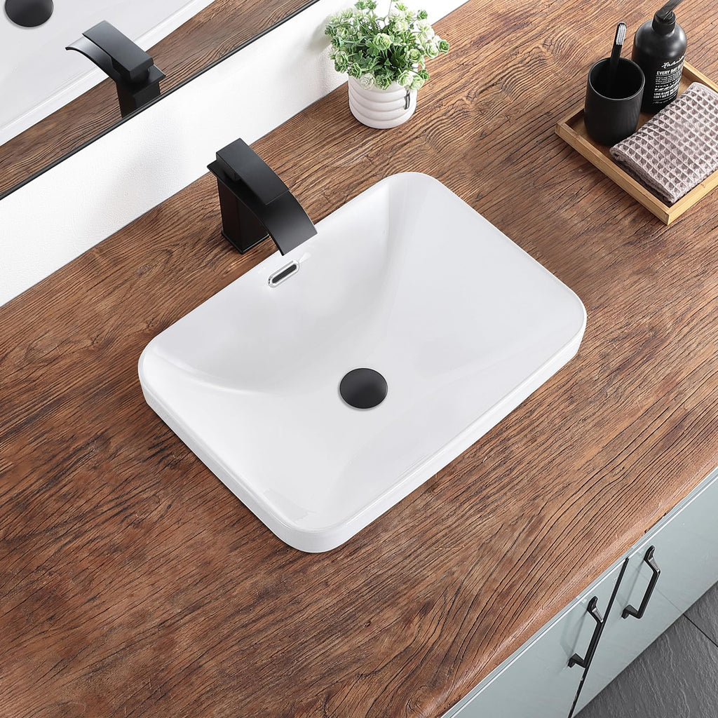 Bathroom Vessel Sink 16.7" X 12.6" Semi Recessed Bathroom Sink Rectangular Drop In Bathroom Sinks with Overflow White Ceramic Vessel Sinks for Bathroom Modern Above Counter Basin Vanity Sink