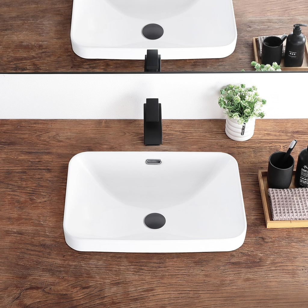 Bathroom Vessel Sink 16.7" X 12.6" Semi Recessed Bathroom Sink Rectangular Drop In Bathroom Sinks with Overflow White Ceramic Vessel Sinks for Bathroom Modern Above Counter Basin Vanity Sink