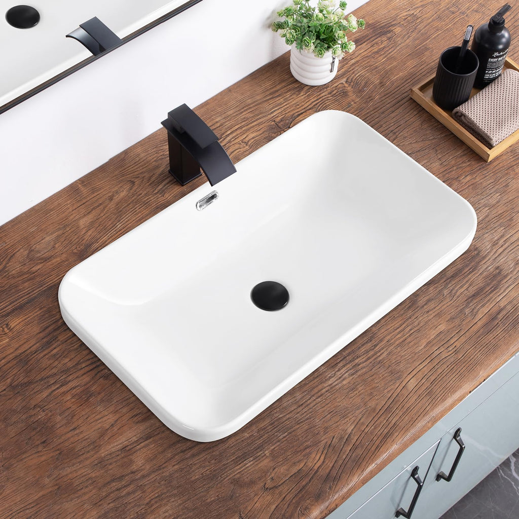 Bathroom Vessel Sink 16.7" X 12.6" Semi Recessed Bathroom Sink Rectangular Drop In Bathroom Sinks with Overflow White Ceramic Vessel Sinks for Bathroom Modern Above Counter Basin Vanity Sink