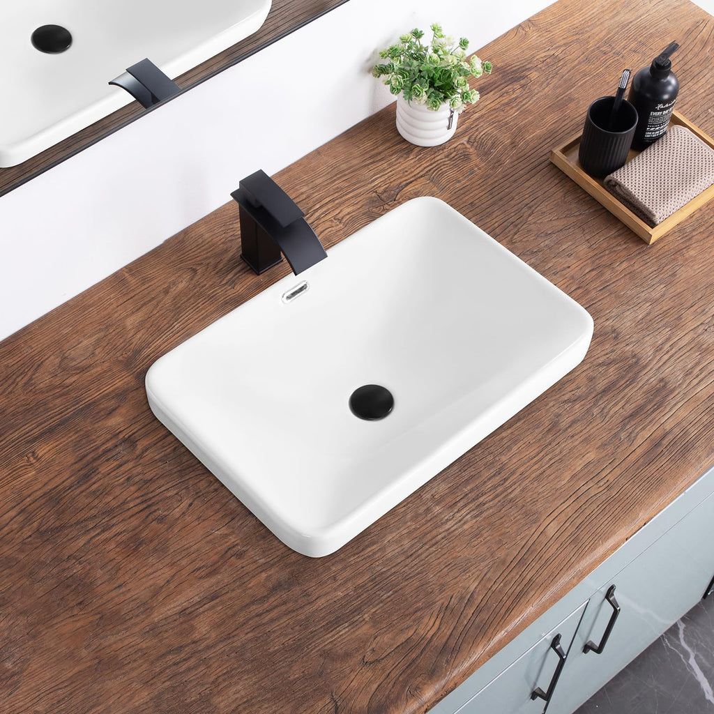 Bathroom Vessel Sink 16.7" X 12.6" Semi Recessed Bathroom Sink Rectangular Drop In Bathroom Sinks with Overflow White Ceramic Vessel Sinks for Bathroom Modern Above Counter Basin Vanity Sink
