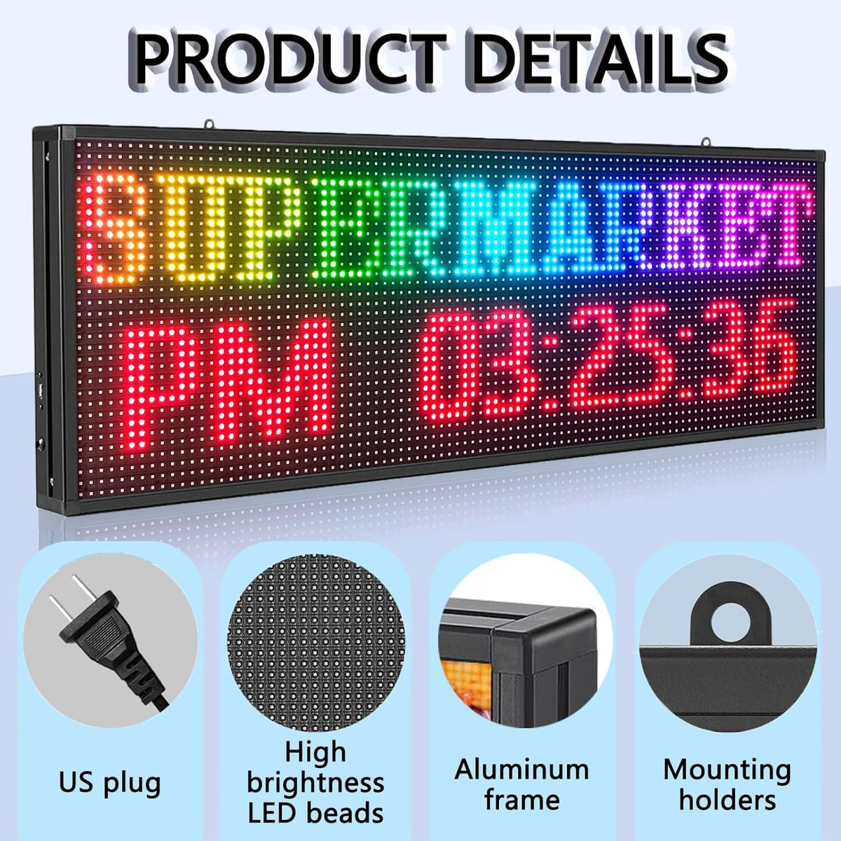 P5 Outdoor LED Sign 65"x34" Full Color Programmable Digital Display, 5000 Nits High Brightness IP65 Waterproof WiFi & USB Control, Scrolling Message Board for Business Advertising - Text/Image/Video