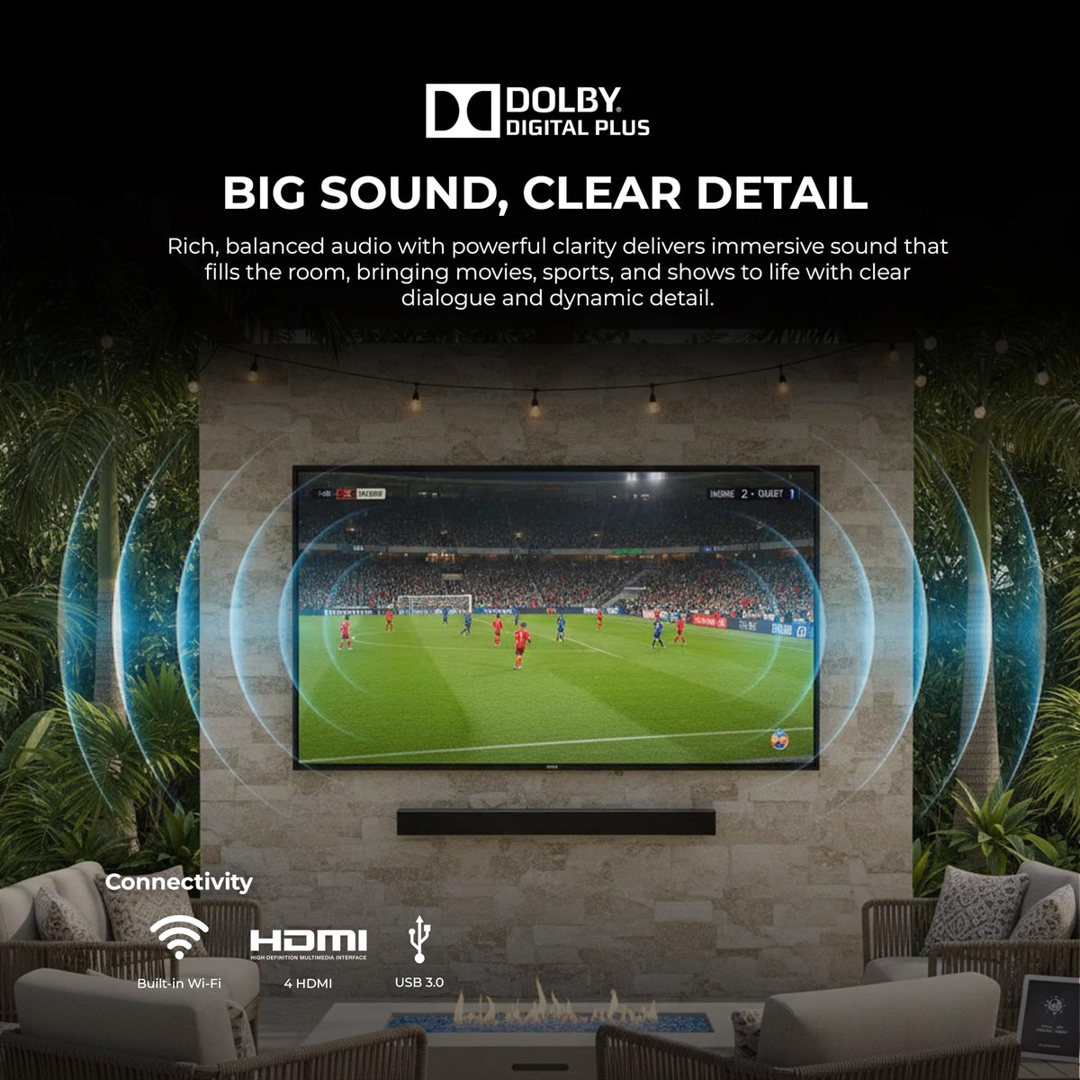 Titan G100 Mini 85 Inch Covered Patio Outdoor TV â 4K UHD QLED IP65 - Google OS, Dolby Vision & Atmos, Onkyo Speakers - Thin Bezel - Weather Resistant - 2-Year Warranty & USA Assembled