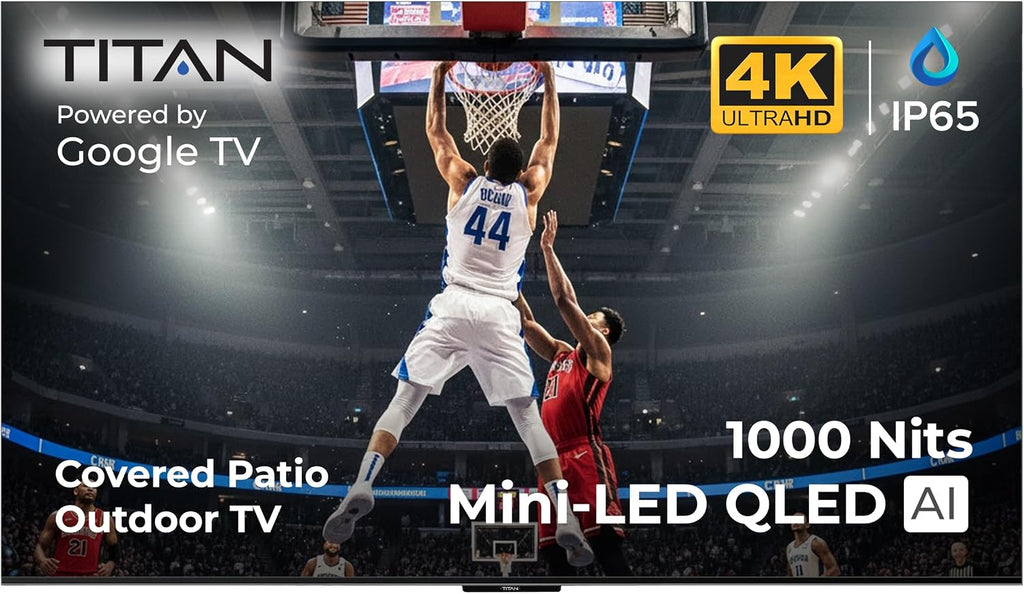 Titan G100 Mini 85 Inch Covered Patio Outdoor TV â 4K UHD QLED IP65 - Google OS, Dolby Vision & Atmos, Onkyo Speakers - Thin Bezel - Weather Resistant - 2-Year Warranty & USA Assembled