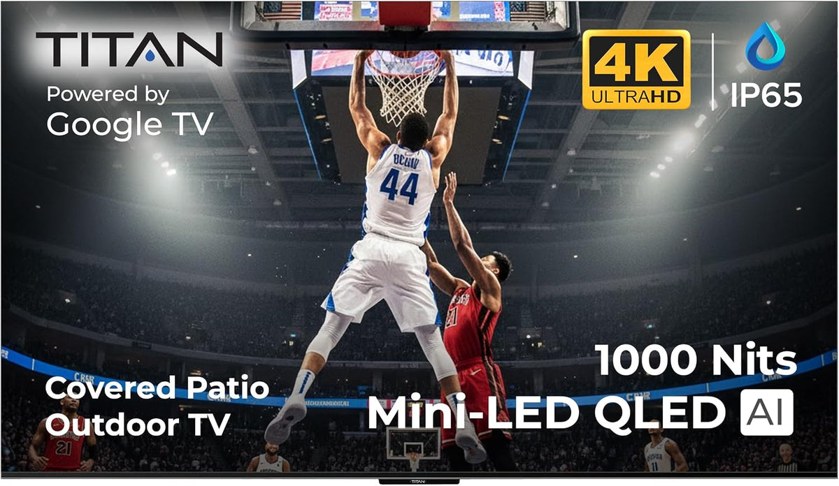 Titan G100 Mini 85 Inch Covered Patio Outdoor TV â 4K UHD QLED IP65 - Google OS, Dolby Vision & Atmos, Onkyo Speakers - Thin Bezel - Weather Resistant - 2-Year Warranty & USA Assembled
