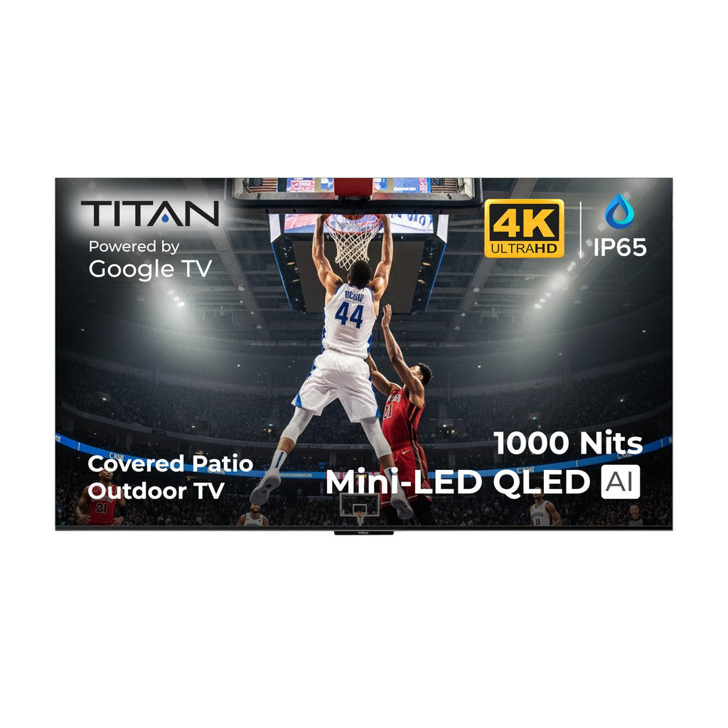 Titan G100 Mini 85 Inch Covered Patio Outdoor TV â 4K UHD QLED IP65 - Google OS, Dolby Vision & Atmos, Onkyo Speakers - Thin Bezel - Weather Resistant - 2-Year Warranty & USA Assembled