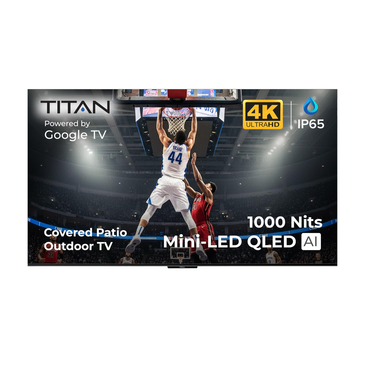 Titan G100 Mini 85 Inch Covered Patio Outdoor TV â 4K UHD QLED IP65 - Google OS, Dolby Vision & Atmos, Onkyo Speakers - Thin Bezel - Weather Resistant - 2-Year Warranty & USA Assembled