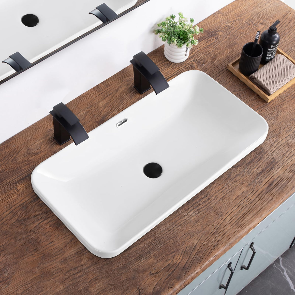 Bathroom Vessel Sink 16.7" X 12.6" Semi Recessed Bathroom Sink Rectangular Drop In Bathroom Sinks with Overflow White Ceramic Vessel Sinks for Bathroom Modern Above Counter Basin Vanity Sink