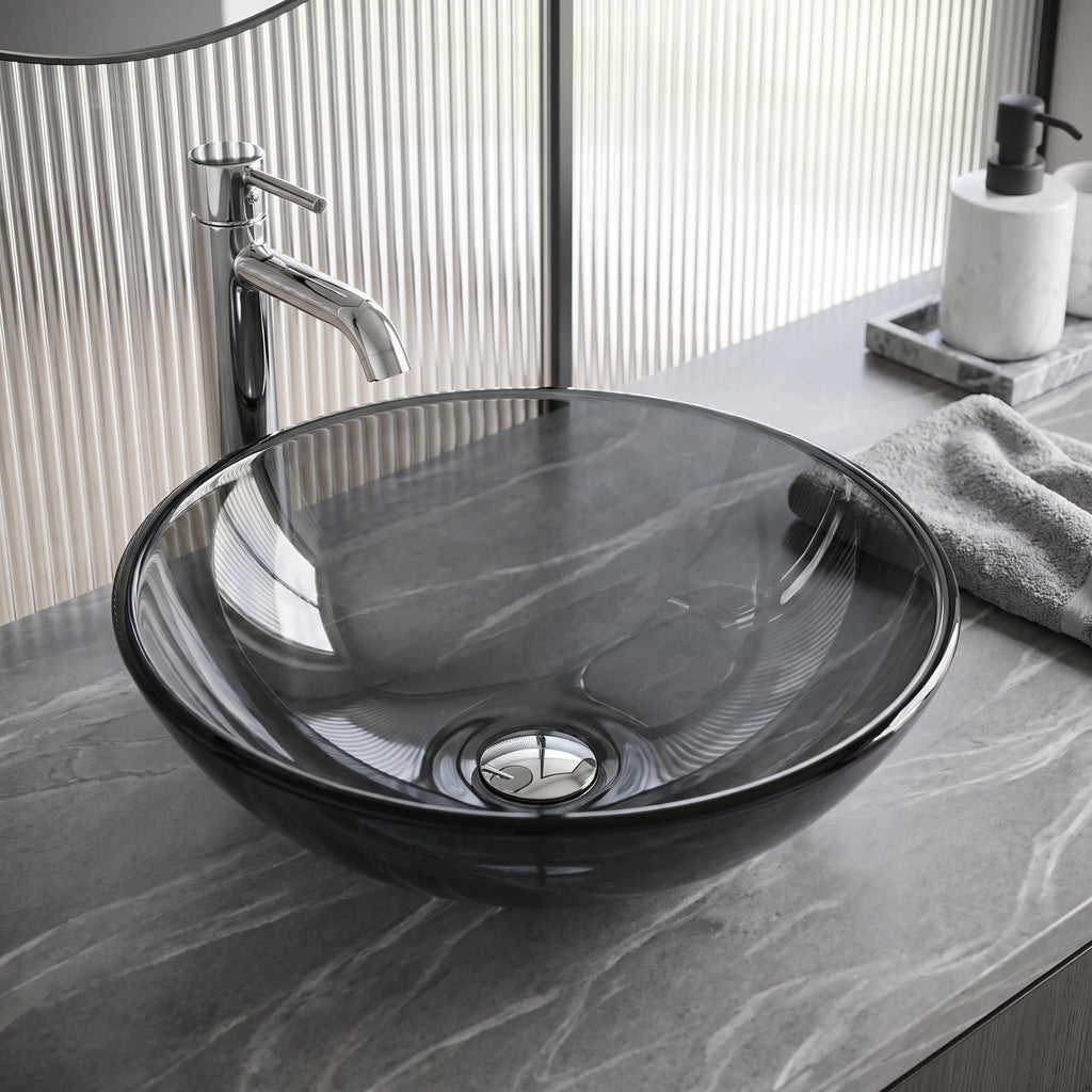 Vigo Vessel Sink Copper - 17â Artistic Round Bowl Sink for Bathrooms, Tempered Glass Above Counter Bathroom Sink with NonStickShield, QuickDrain & TempGuard, Modern Luxury Design