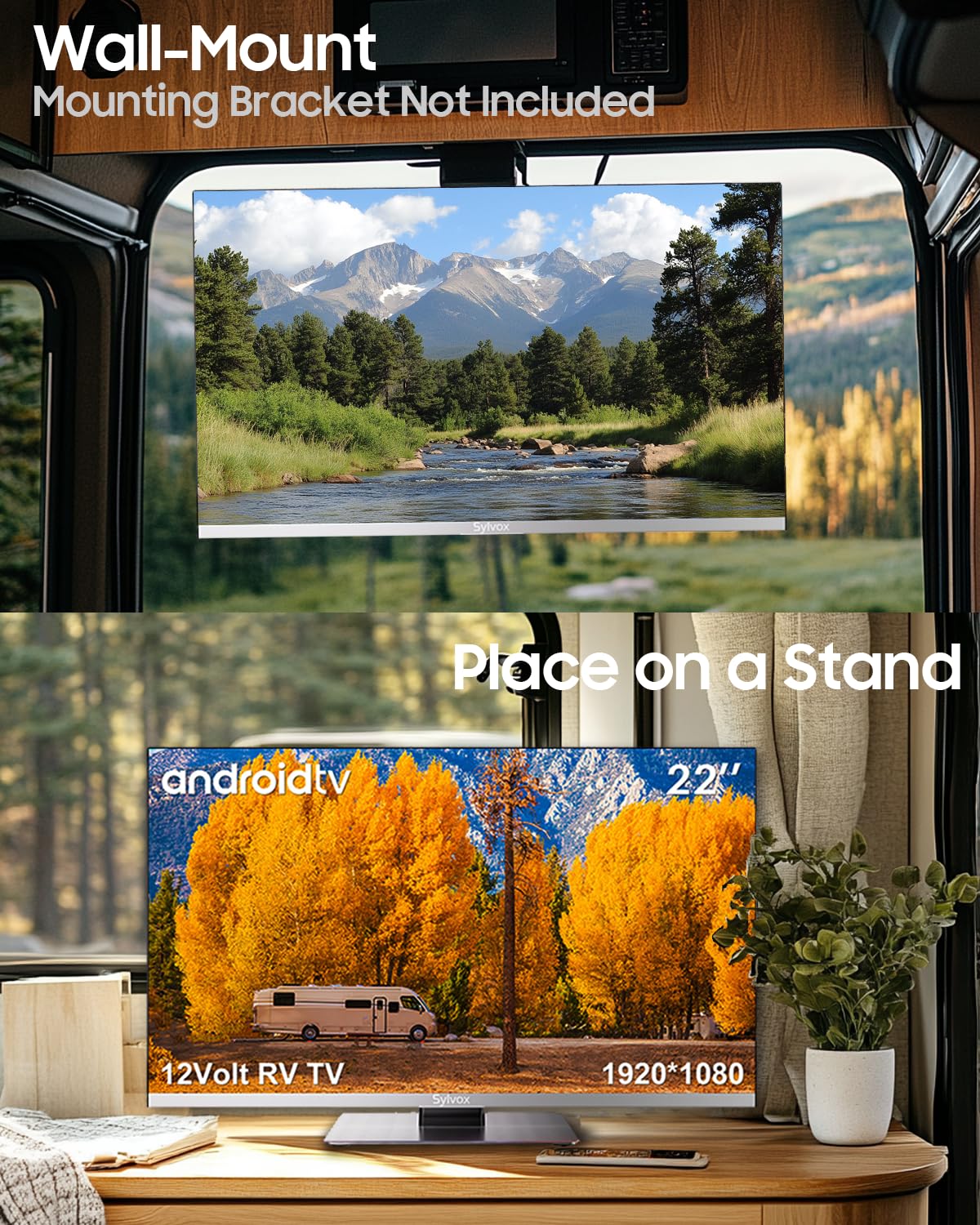 SYLVOX 24-Inch Smart RV TV, QLED 1080P FHD, Built-in DVD Player, Google TV OS, Wide Voltage Support 12V/24V AC/DC Television for RV & Home, HDMI & USB