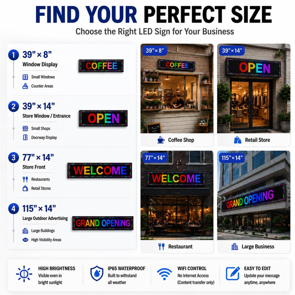 P10 Outdoor Led Sign Programmable Scrolling Digital Display Screen Message Board Bar Custom WiFi Control Store Advertising Open Sign for Businesses Electronic Full Color Word Light (115"x14")