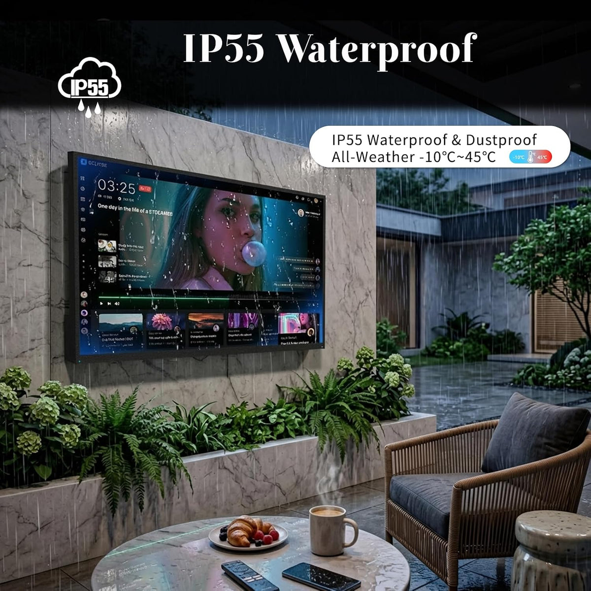 55 Inch Outdoor TV, 2000 Nits Ultra Bright 4K UHD Weatherproof Television, IP55 Waterproof Smart Outside TV with WebOS for Sunlight, Backyard, Poolside, Deck & Patio