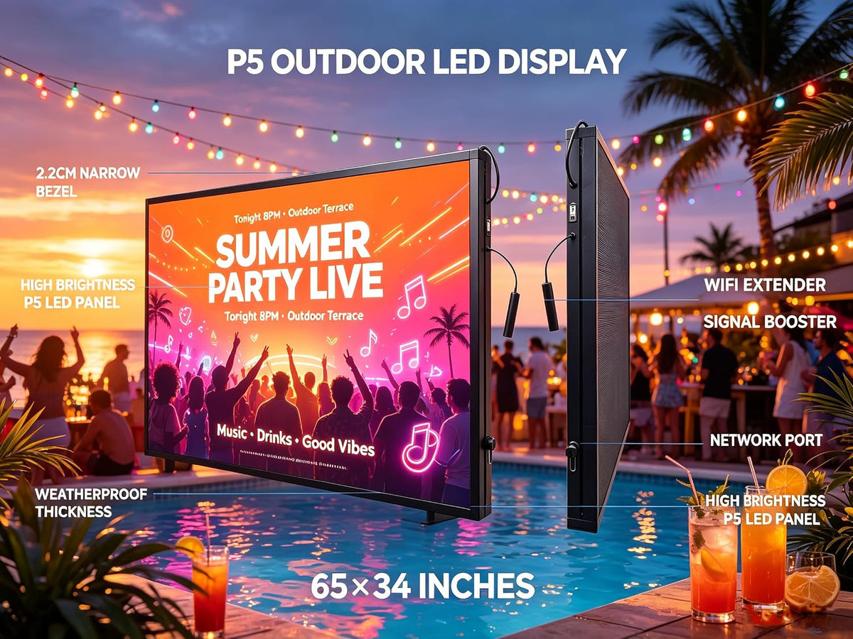 P5 Outdoor LED Sign 65"x34" Full Color Programmable Digital Display, 5000 Nits High Brightness IP65 Waterproof WiFi & USB Control, Scrolling Message Board for Business Advertising - Text/Image/Video