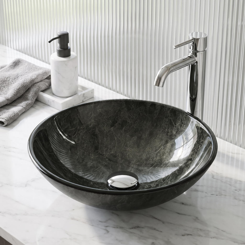 Vigo Vessel Sink Copper - 17â Artistic Round Bowl Sink for Bathrooms, Tempered Glass Above Counter Bathroom Sink with NonStickShield, QuickDrain & TempGuard, Modern Luxury Design