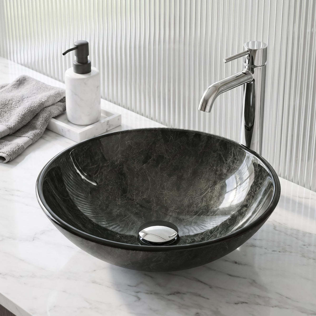 Vigo Vessel Sink Copper - 17â Artistic Round Bowl Sink for Bathrooms, Tempered Glass Above Counter Bathroom Sink with NonStickShield, QuickDrain & TempGuard, Modern Luxury Design