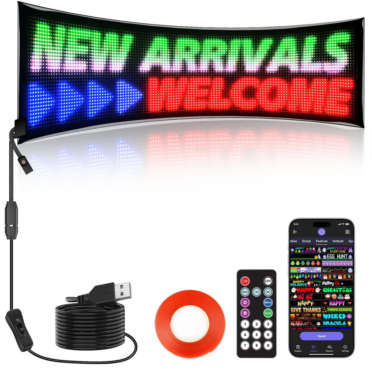 Rayhome Full Color Dual Row Programmable LED Sign, 43''x6.3'' Flexible P5 USB Bluetooth APP Control LED Signs Custom Text Message Pattern Scrolling LED Display for Store Bar Hotel School.