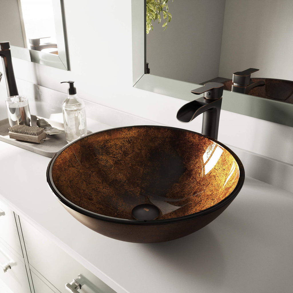 Vigo Vessel Sink Copper - 17â Artistic Round Bowl Sink for Bathrooms, Tempered Glass Above Counter Bathroom Sink with NonStickShield, QuickDrain & TempGuard, Modern Luxury Design