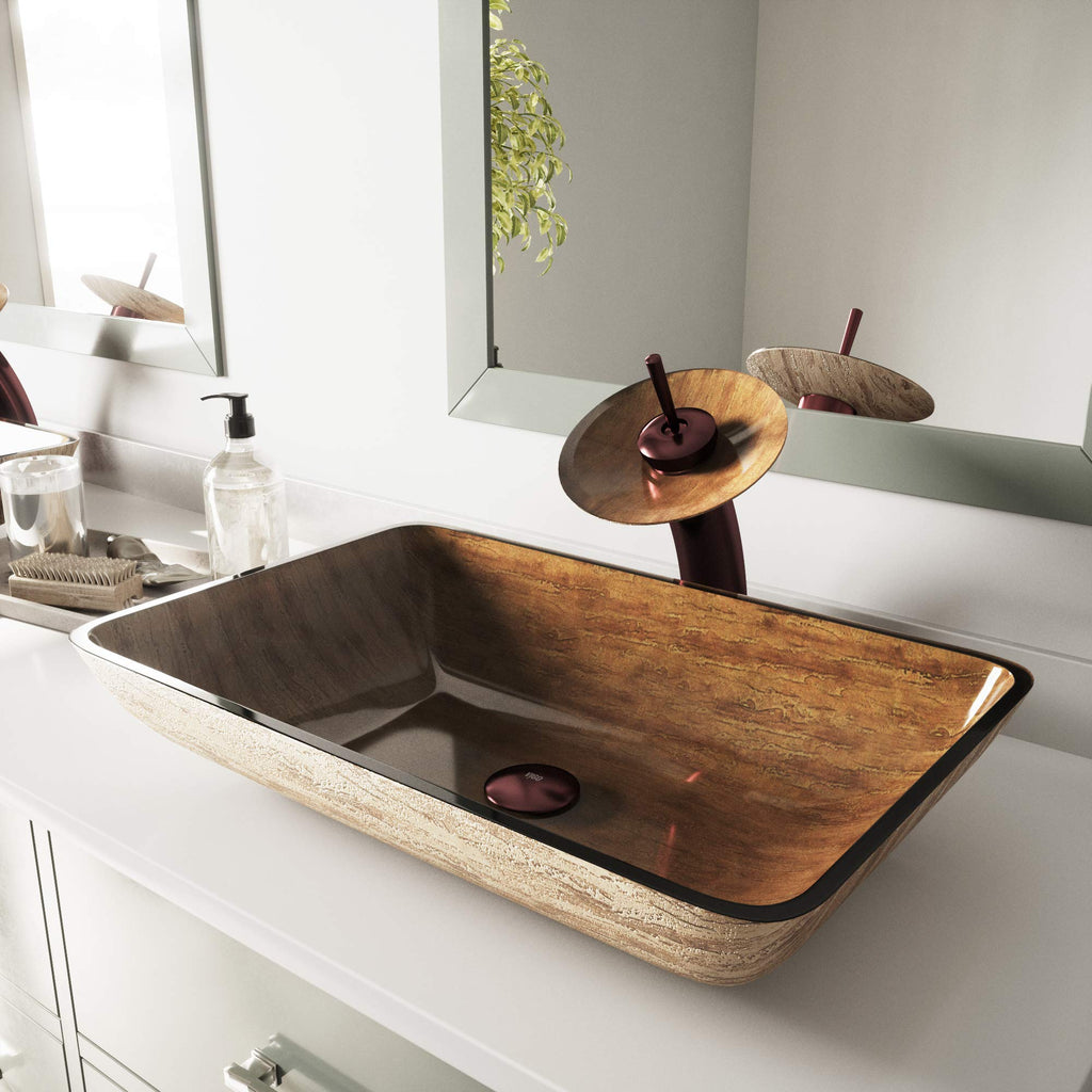 Vigo Vessel Sink Brown - 23â Artistic Rectangular Bathroom Vessel Sink, Tempered Glass Above Counter Sink with NonStickShield & QuickDrain, Modern Luxury Design