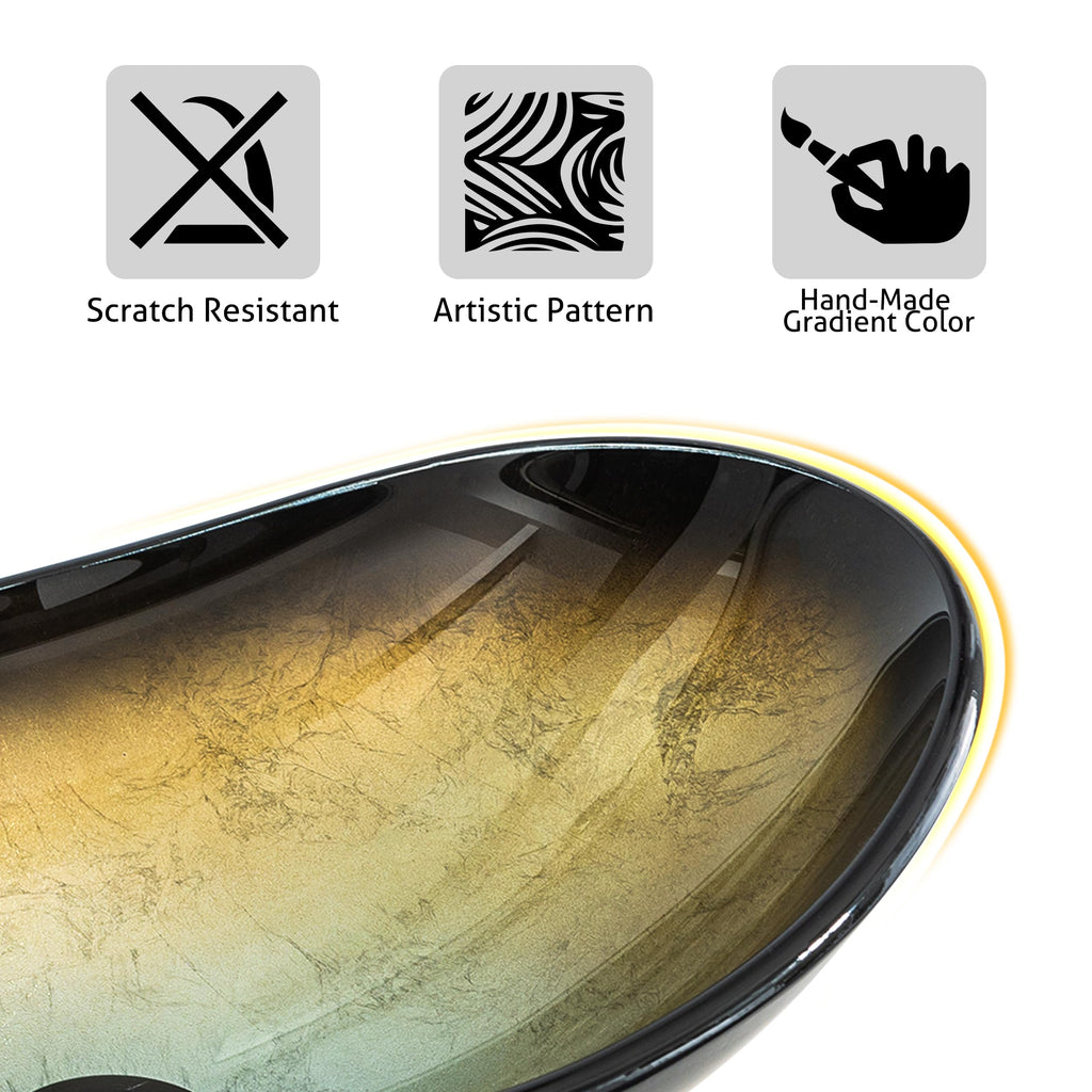 eclife 21.5" Bathroom Vessel Sink Modern Artistic Single Brown Boat Tempered Glass Basin Countertop Bowl Sink for Lavatory Vanity Cabinet, W/Water Save Faucet Pop Up Drain (A29BR)