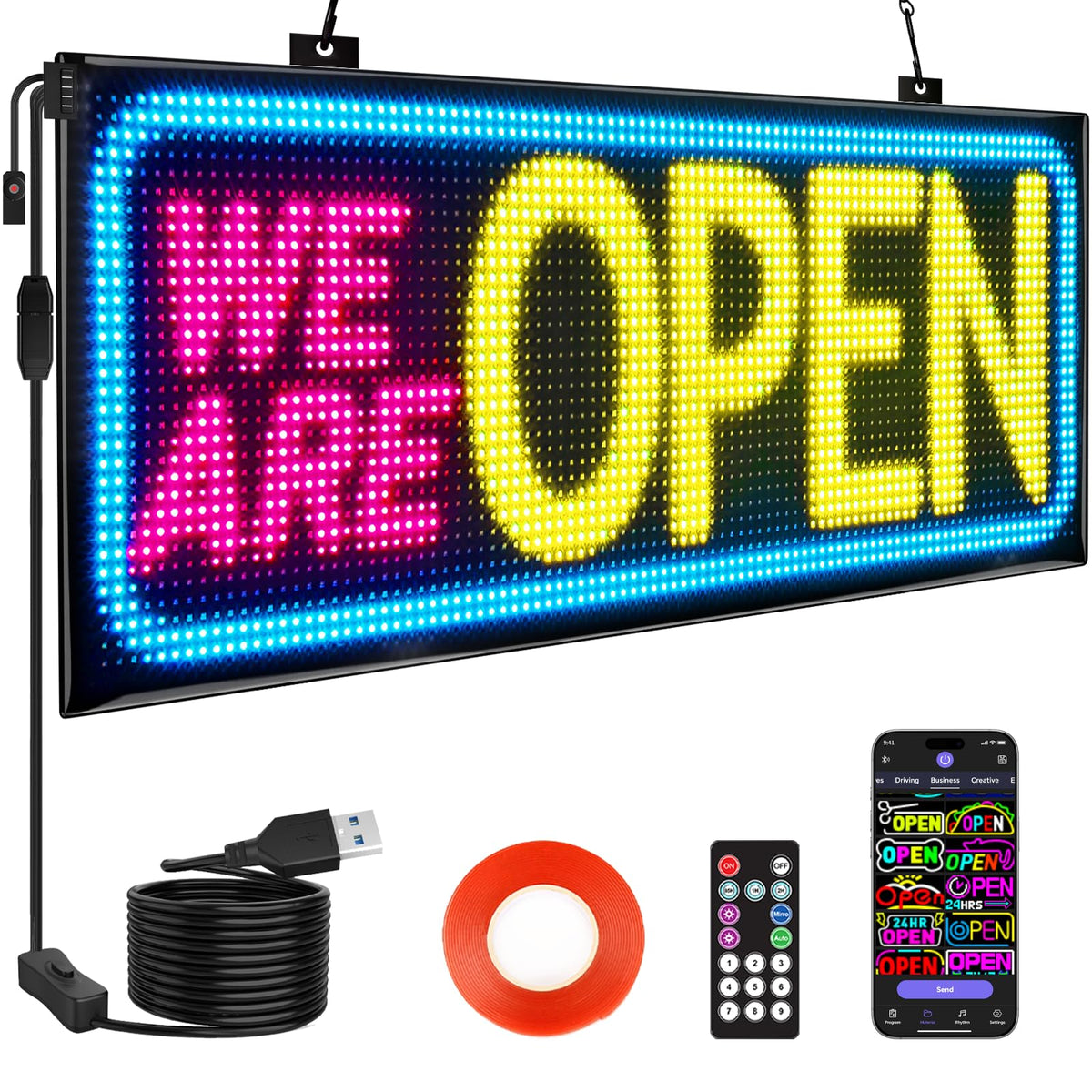 Rayhome 58''x8'' Large Multiple Programmable LED Sign, Full Color Bright Scrolling LED Signs, Bluetooth APP Control Custom Text Pattern Animation digital Display for Store Hotel Bar